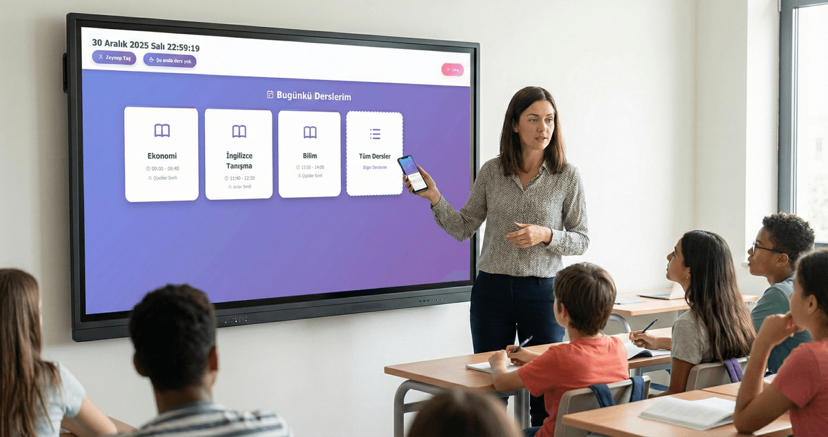 Akıllı tahtada EğitimPRO uygulaması ile ders anlatan öğretmen