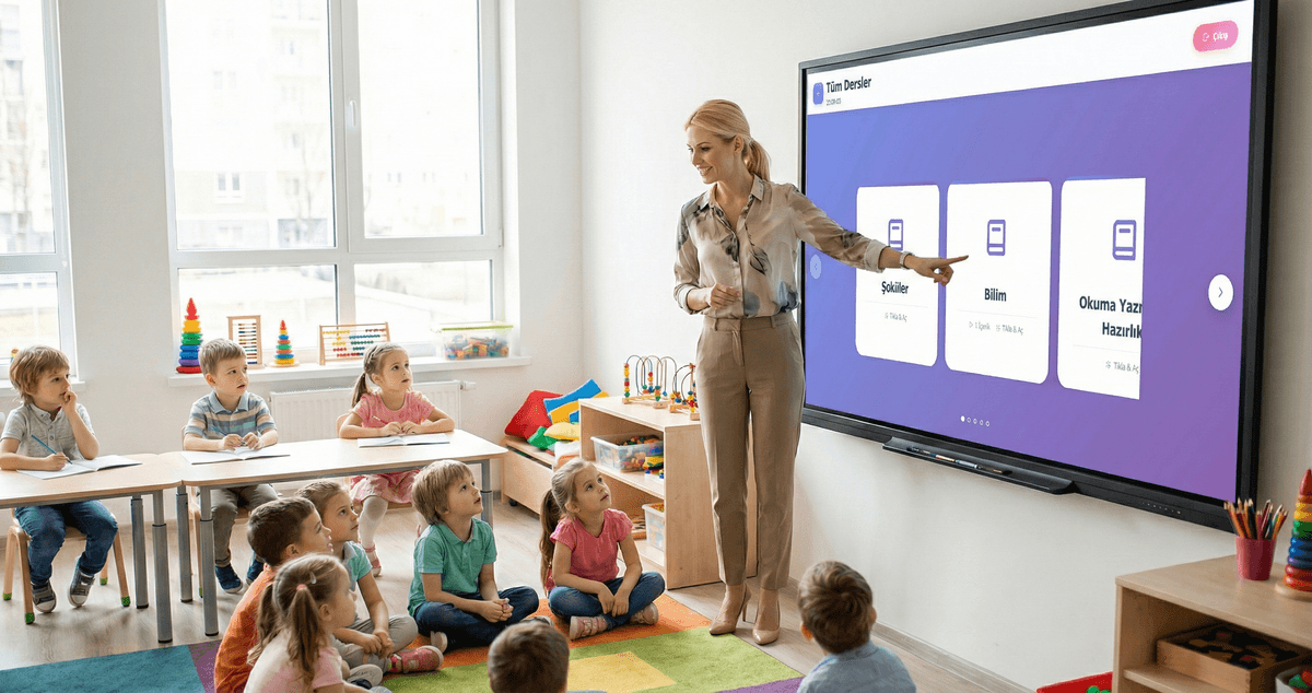 Akıllı tahtada EğitimPRO kullanarak ders anlatan öğretmen