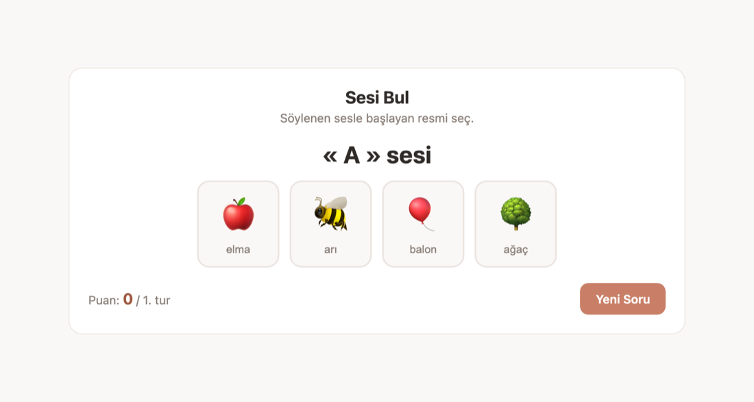 Dil gelişimi oyunu: söylenen sesle başlayan görseli seçme